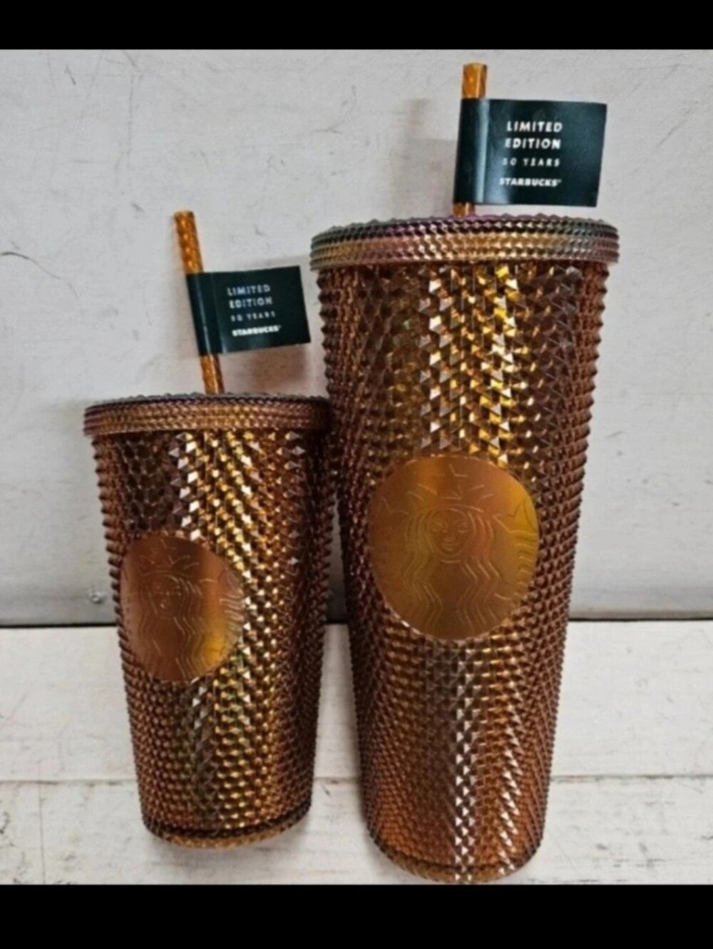 Starbucks 50th Anniversary Studded Tumbler set of 2 amber iridescent NWT 16/24oz